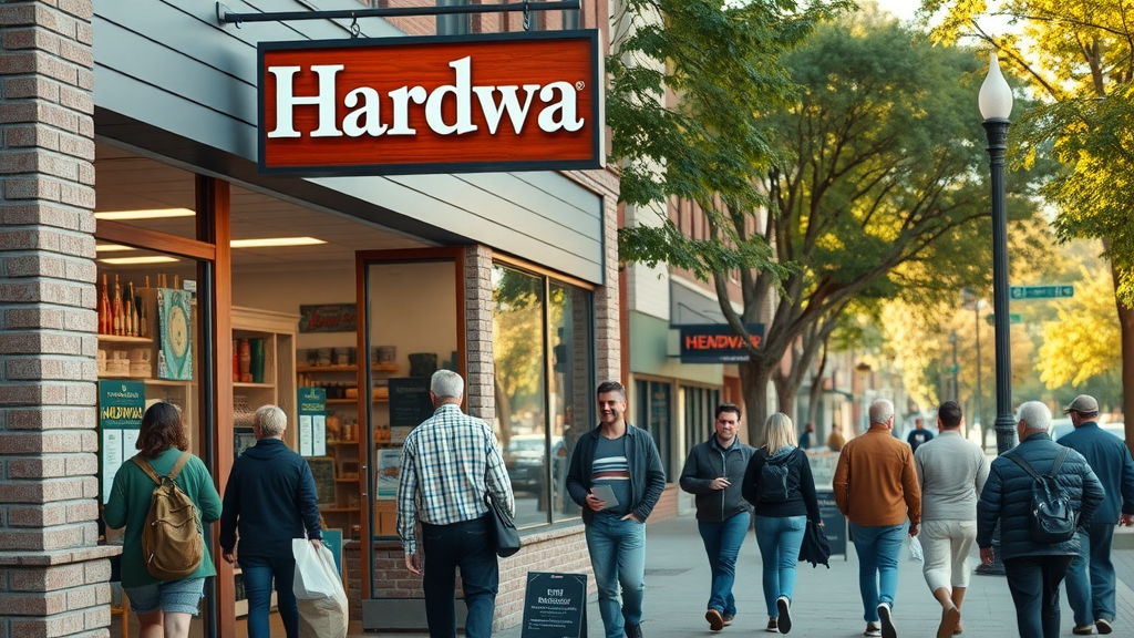 Inviting local Raleigh hardware store exterior welcoming atmosphere people entering – DIY tools Raleigh NC scene, photorealistic with local signage and city vibe