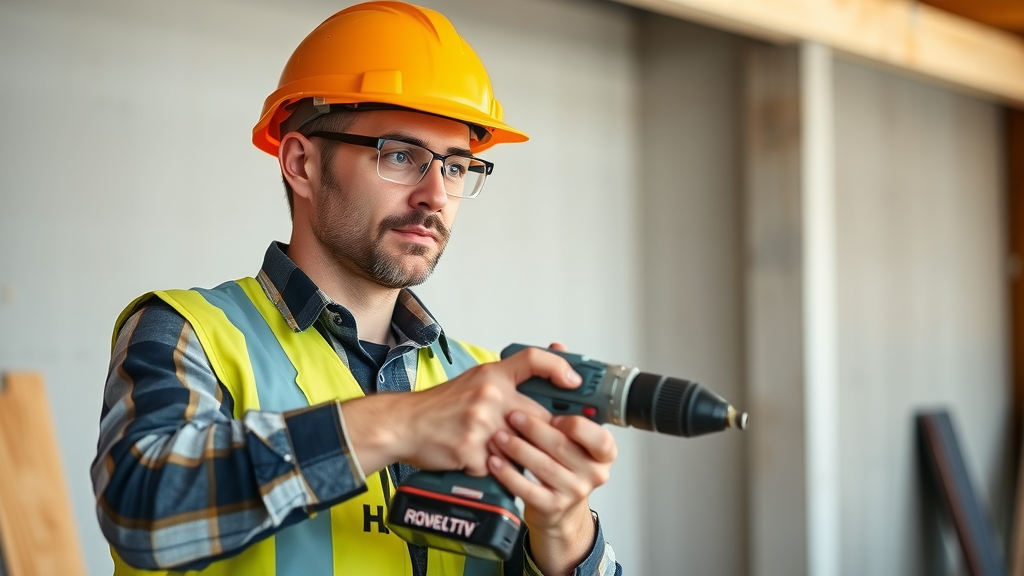 Confident Raleigh DIYer in safety gear using cordless drill, demonstrating safe power tool usage and proper handling