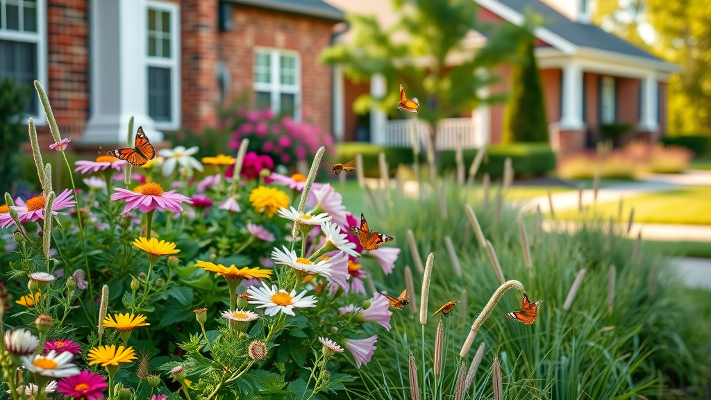 Vibrant residential Raleigh front yard, lush variety of native flowering plants and grasses, curb appeal enhanced, charming suburban North Carolina neighborhood background, blooming flowers, butterflies, and bees in motion, native plants for Raleigh landscaping