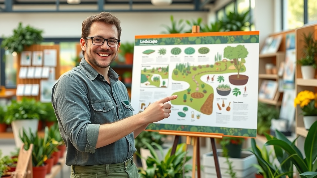Cheerful landscape architect pointing to plant-filled design board with native plants, educational garden center, native plants for Raleigh landscaping