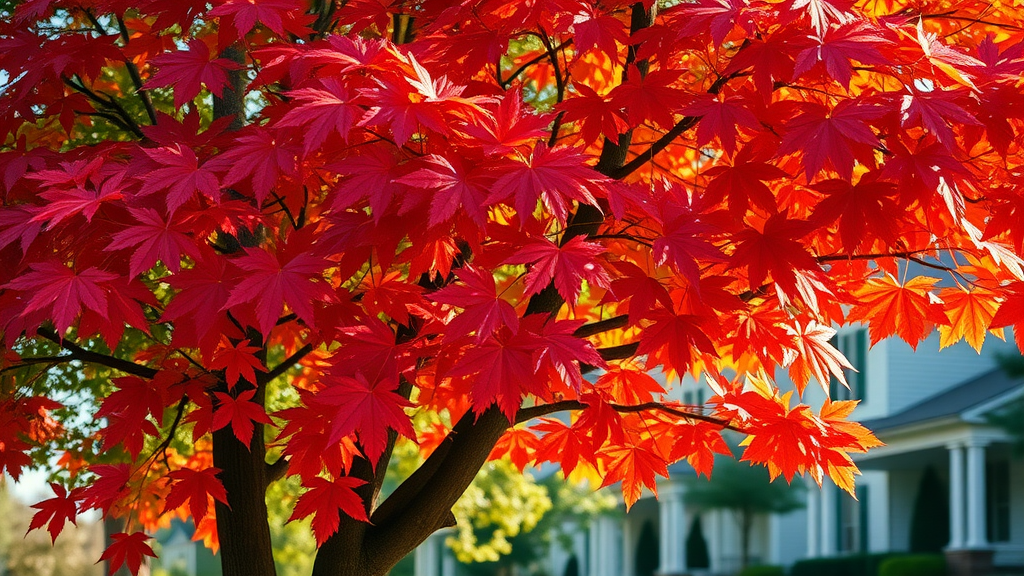 Majestic Red Maple tree in full autumn foliage, Raleigh residential landscape, dynamic leaves, native tree for Raleigh landscaping