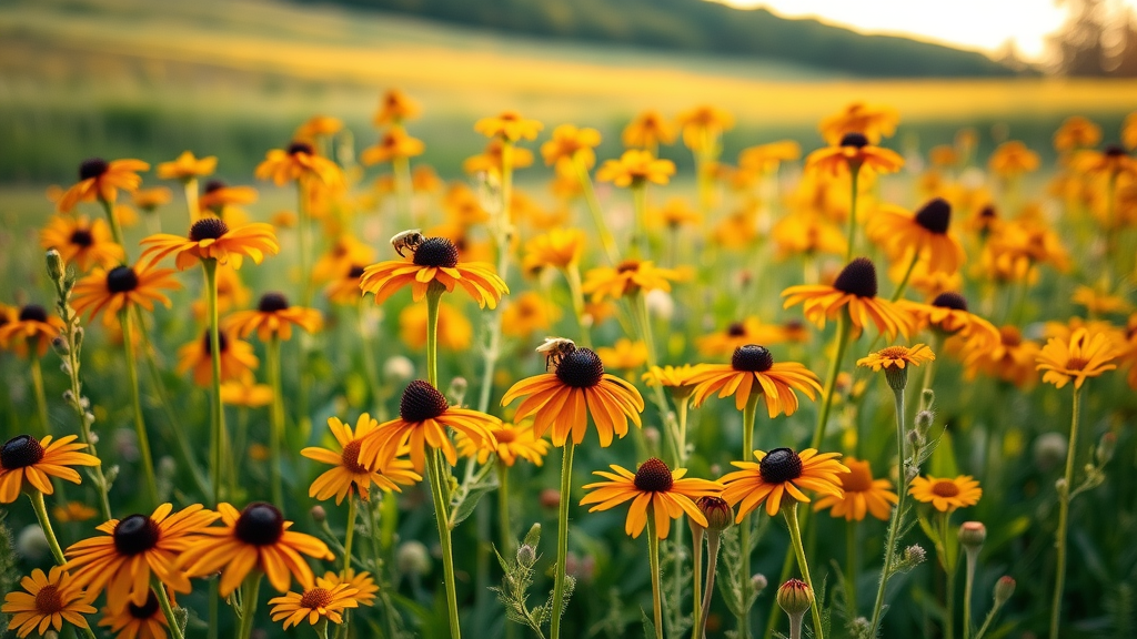 Meadow of blooming native perennials: Black-Eyed Susan, Butterfly Weed, and Coreopsis with pollinators, North Carolina landscape, curb appeal with native plants
