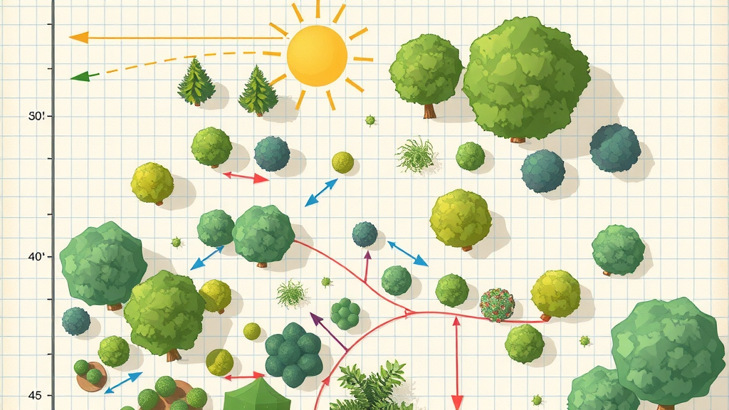 North Carolina landscape plan sketch showing strategic grouping of native plants by sunlight patterns, native plants for Raleigh landscaping