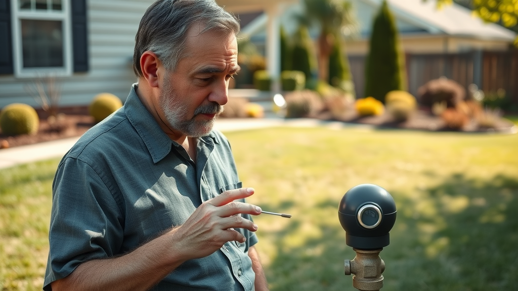 Raleigh homeowner examining water meter in xeriscaped garden