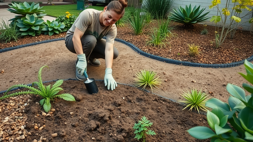 Gardener testing soil moisture in Raleigh xeriscape garden