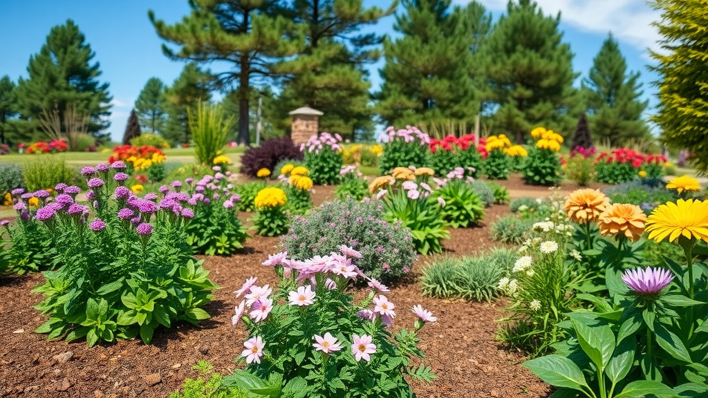 serene Raleigh garden landscape with colorful low-maintenance plants, thriving with ground cover and flowering perennials, against a sunny, mulched bed and tall pine backdrop