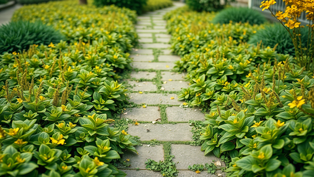 lush patchwork of ground cover plants in Raleigh, including green and golden foliage, beautifying a garden walkway and spaces between pavers