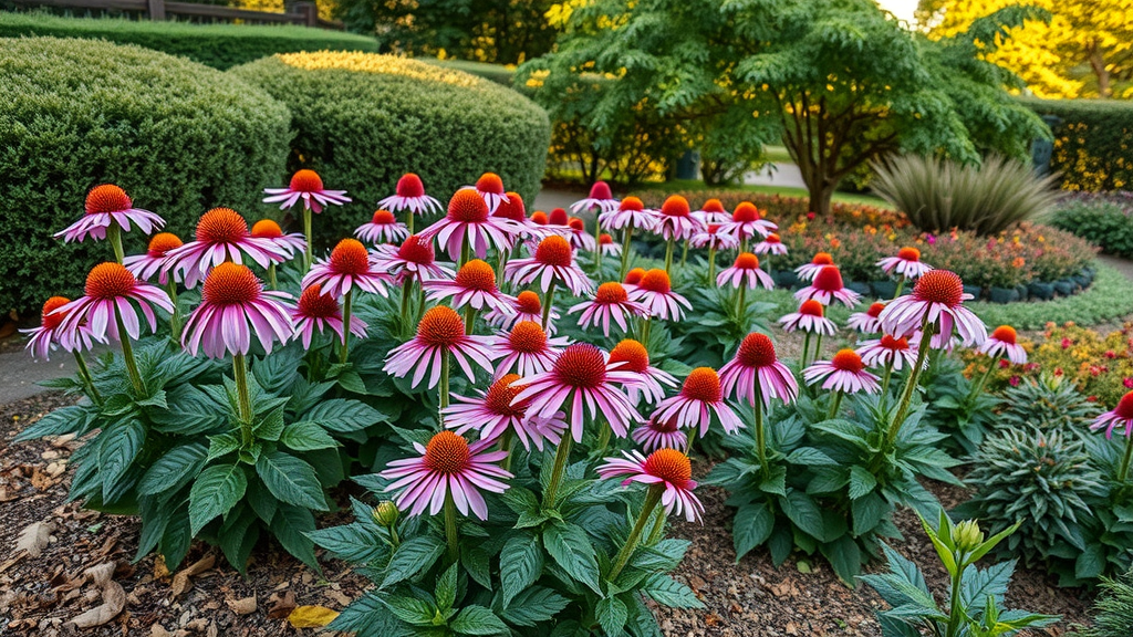 artful perennial flower bed in Raleigh, layered shrubs, perennials, and mulch with vibrant coneflowers and Japanese maple backdrop