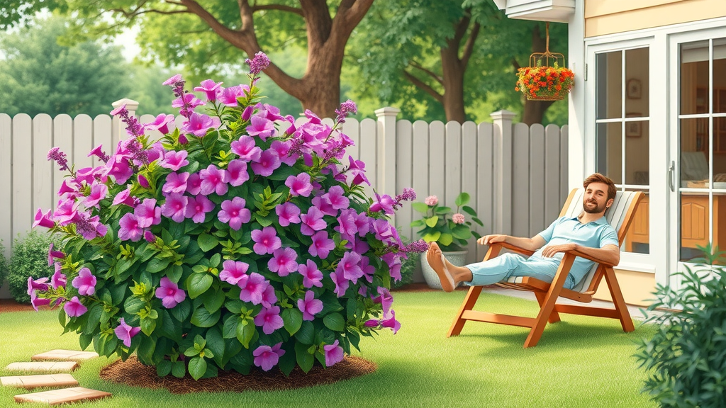backyard with minimal upkeep garden plants Raleigh including a lush butterfly bush, with a relaxed homeowner lounging nearby