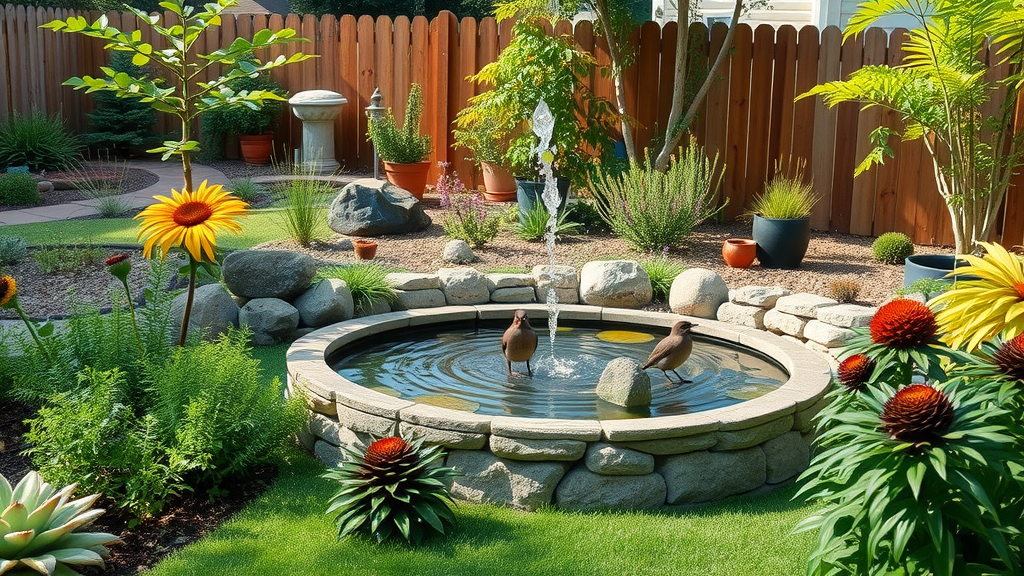 backyard garden with rain garden, ground cover, shrubs, and artificial turf for minimal upkeep in Raleigh