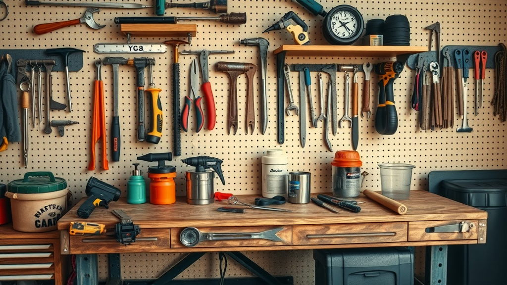 organized workbench with diy home improvement tools laid out, essential tools overview, garage workshop