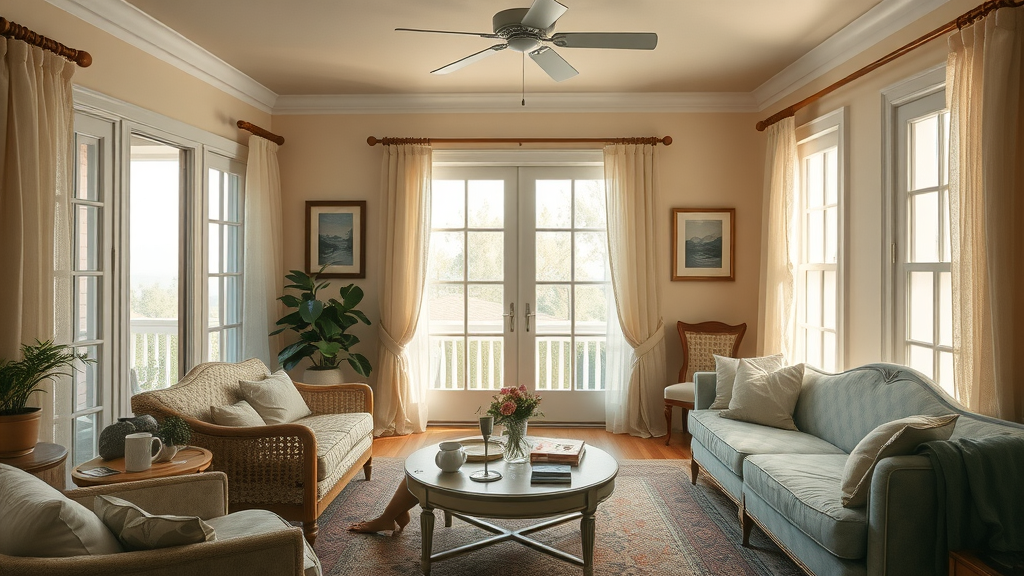 Inviting southern home interior design living room with open windows, sunlight, cozy furnishings, and pastel palette.