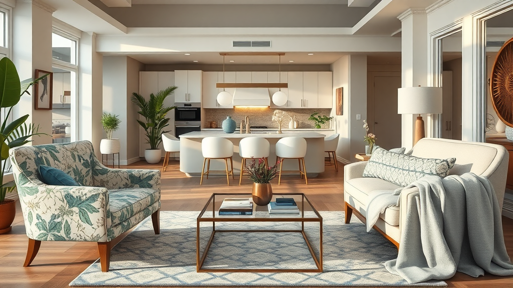 Modern southern home interior design blending floral chairs, modern coffee table, lush plants, and gold accents.