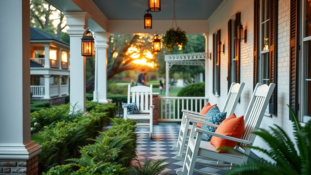 Charming southern home interior design porch at dusk with rocking chairs, colorful pillows, and sunset lighting.