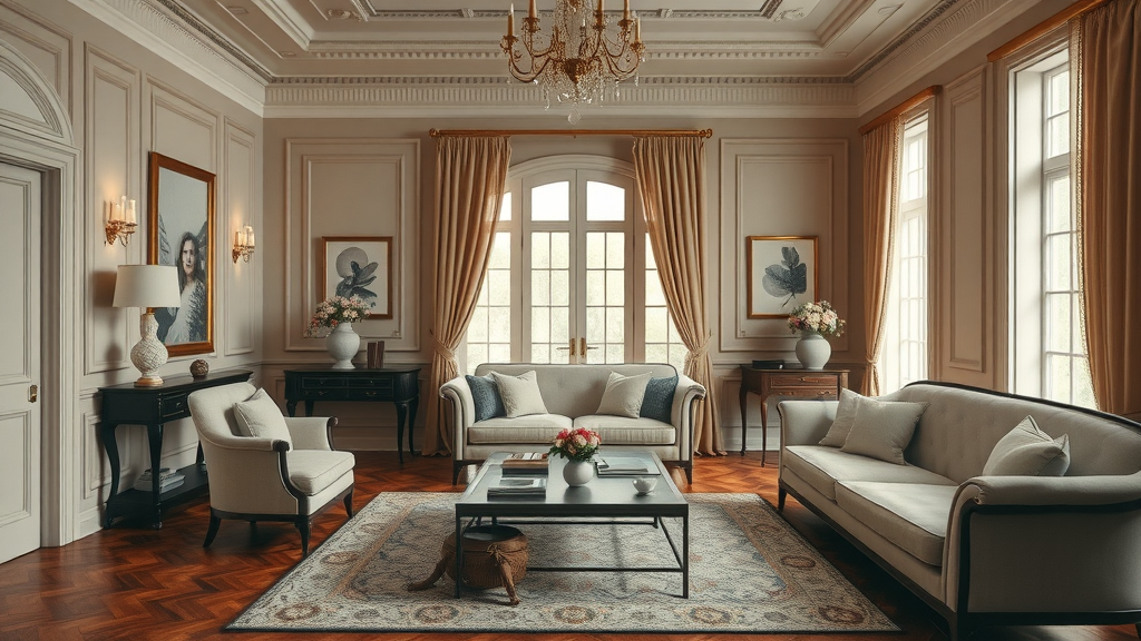 Elegant interior design setting featuring classic furniture, rich wooden floors, and warm earth tones in a traditional color palette