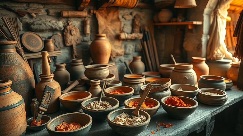 Rustic artisan workspace featuring artist mixing natural pigments, part of a traditional color palette in heritage design