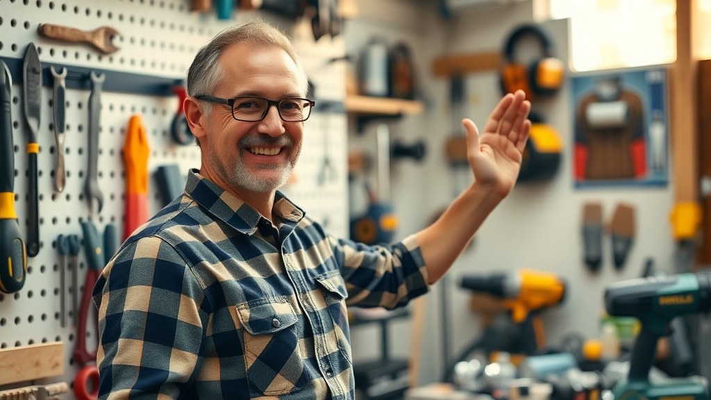 Beginner DIYer organizing the best starter tools for DIY projects in a bright, organized workspace with hand tools and power tools on a pegboard.