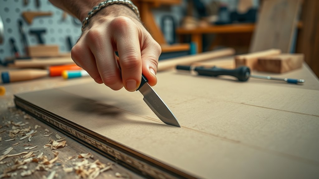 Close-up of hands using a utility knife to carefully trim cardboard, a key action for beginner DIY projects with the best starter tools.
