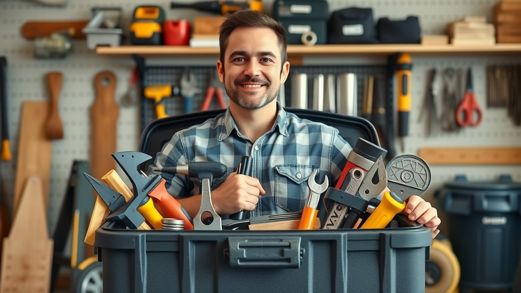 Beginner DIYer organizing a toolbox with the best starter tools for DIY projects, ready for a home project in a tidy garage.