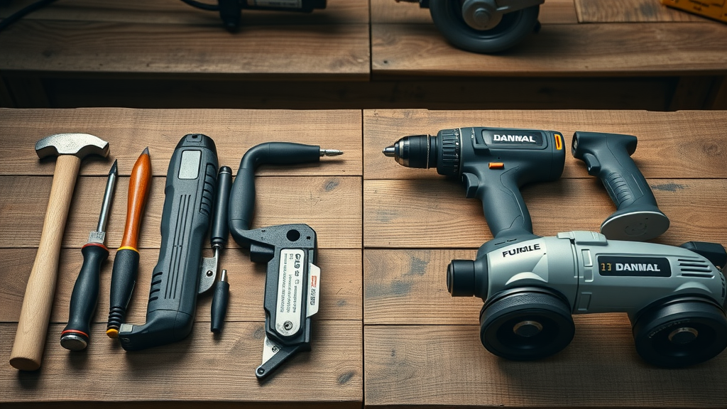 Comparison of hand tools like hammer and screwdriver next to power tools like power drill and orbital sander on a wood workbench for the best starter DIY toolkit.
