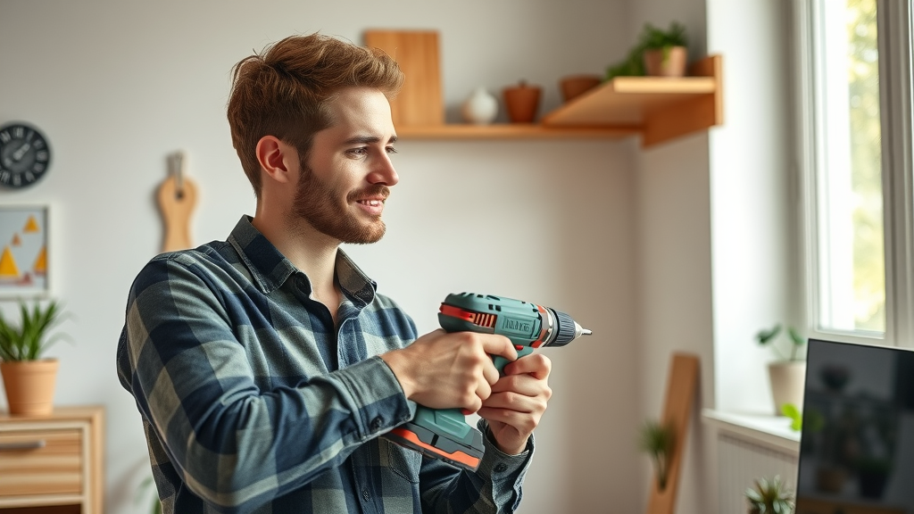 Focused beginner using power drill and level to mount a shelf, showcasing best starter tools for DIY projects in action.