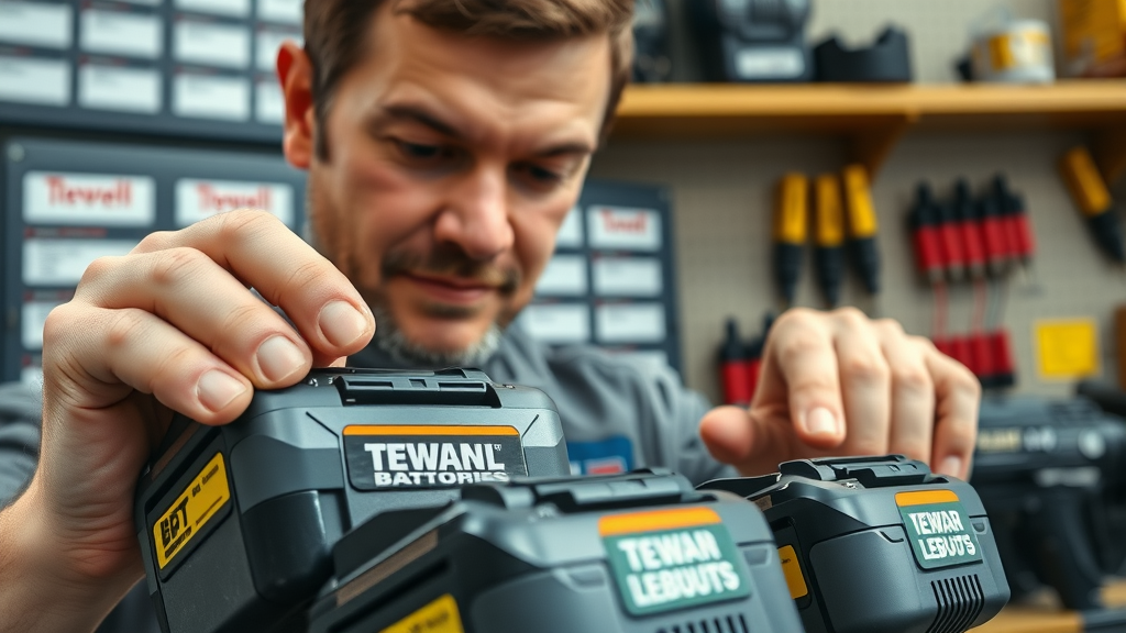 Close-up power tool batteries technician inspecting battery compartments