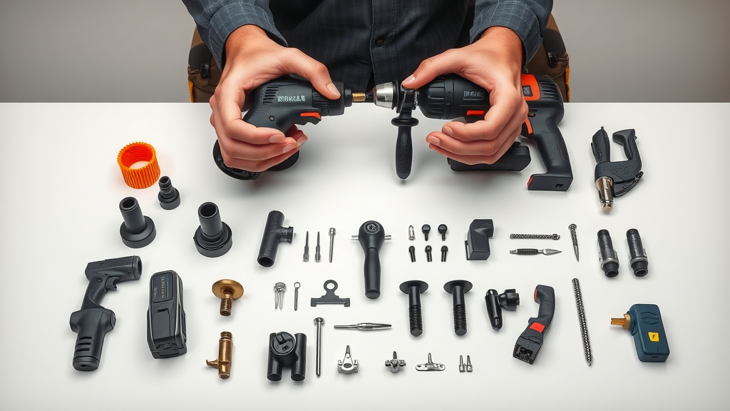 Studio shot electric tool parts accessories hands comparing compatibility