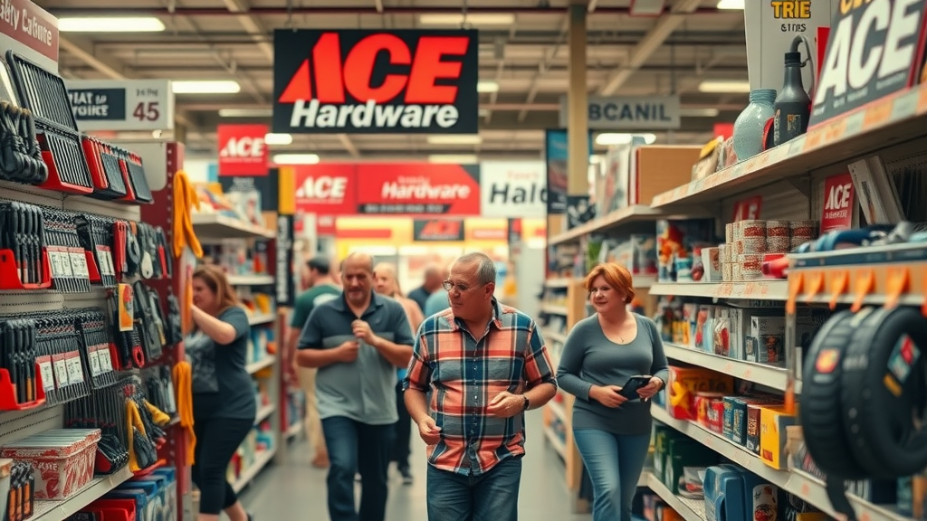 Ace Hardware aisle shopper selecting tool accessories shelves