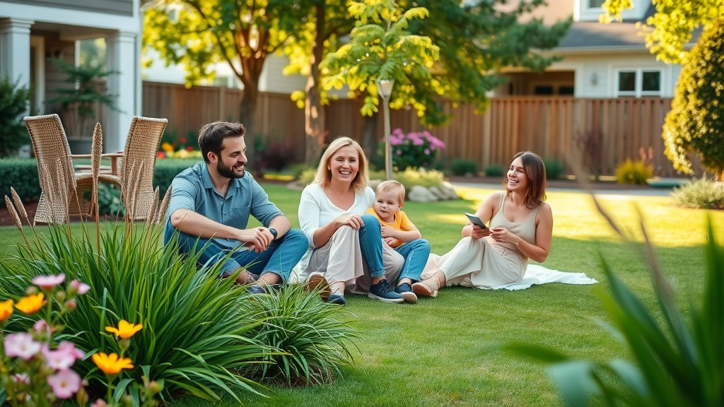 Lush affordable Raleigh home landscape with cost effective landscaping Raleigh, cheerful family enjoying a well-manicured lawn in suburban backyard with native plants and tidy pathways