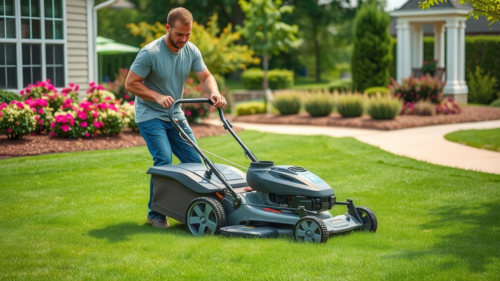 Efficient landscaper Raleigh providing cost effective lawn care, mowing a vibrant green suburban yard with modern equipment