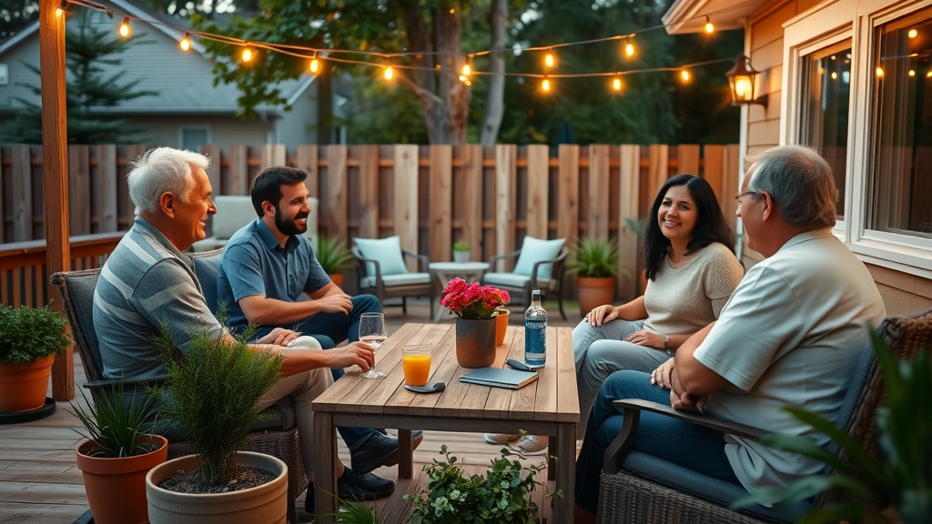 Cozy Raleigh outdoor patio for affordable landscaping, family gathering outdoors with string lights, deck, and budget-friendly features