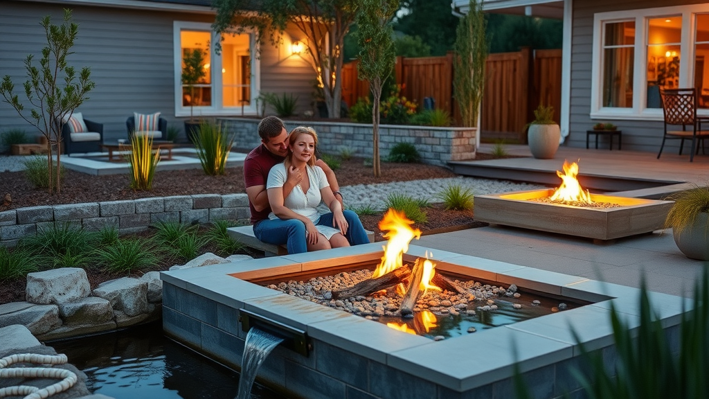 Modern cost effective Raleigh backyard with simple water feature, fire pit installation, and retaining wall, surrounded by native landscaping