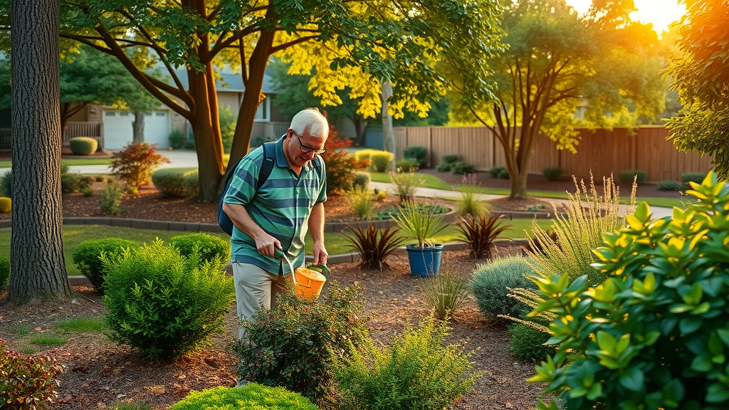 Vibrant Raleigh yard with mature trees and shrubs, homeowner watering plants, eco-friendly mulch in cost effective landscaping Raleigh