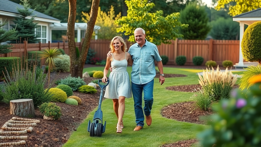 Vibrant Raleigh backyard with homeowners admiring freshly mulched garden beds, lush residential landscape with pine straw and various plants.