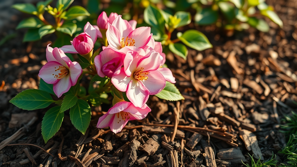 Mulch layers around a blooming shrub, showing healthy soil texture and nurturing effect, enhancing garden beds with pine straw and hardwood mulch.