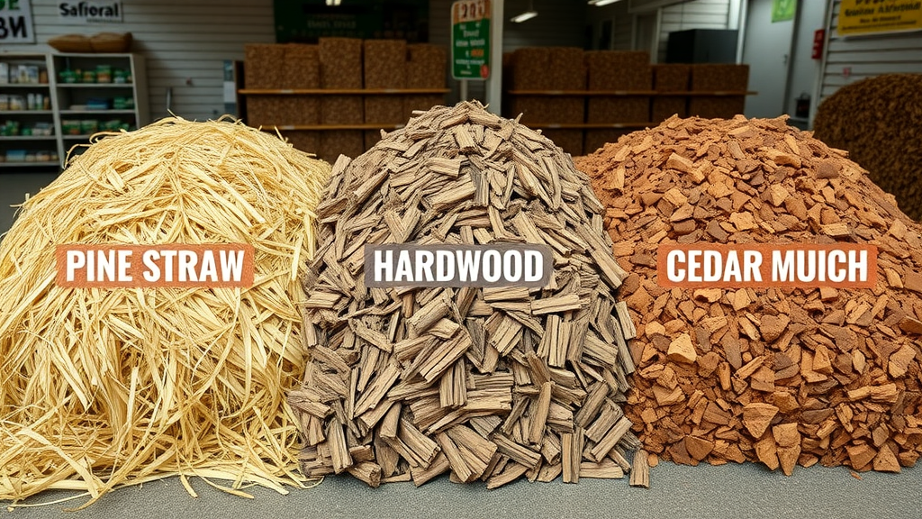 Piles of pine straw, hardwood mulch, and cedar mulch side-by-side, showcasing differences for landscaping with mulch Raleigh NC.