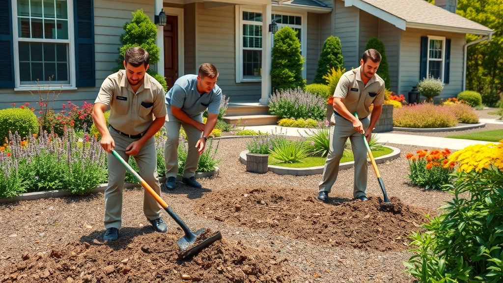 Professional landscaping team from Grounds Guys spreading mulch around garden beds in Raleigh, showing hardwood and pine straw in use.