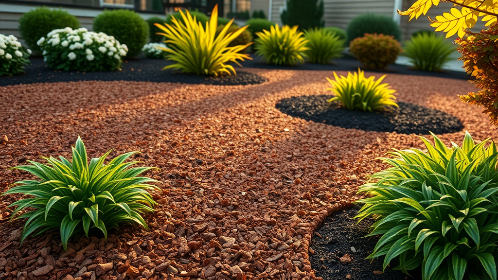 Beautiful garden beds with crisp mulch edges, vibrant contrasting mulch colors in upscale Raleigh home landscape.